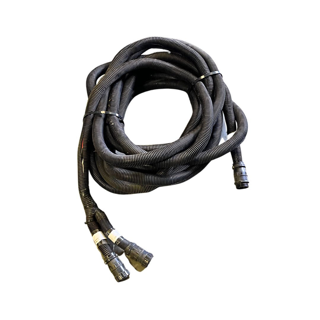 Raven CAN/Power Implement Tee Cable - 36 Foot Extension (115-0171-934), a black coiled tubing with connectors at both ends, designed for electrical or fluid routing within a CAN bus network, isolated on a white background.