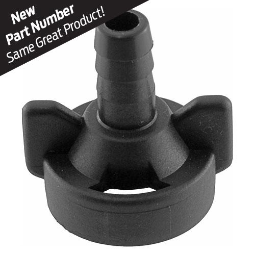 Introducing the Radialock 1/4" Hose Barb Cap from Westward Parts, a black plastic fitting with two wings, engineered with Radial Compression Technology to ensure leak prevention. Text overlay reads "New Part Number Same Great Product!