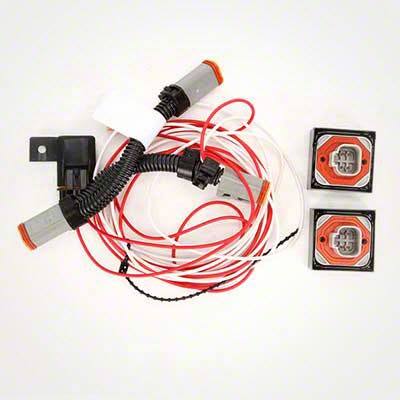 A vehicle wiring harness specifically designed for agricultural equipment, featuring multiple red and white wires, connectors, and two square connectors with orange and black borders. Ideal for use with precision agriculture systems like the Raven CANbus Power Adapter Kit - With Terminators (117-0159-923) by Raven.