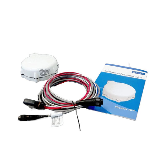 A white electrical device with a coiled wire and connectors, alongside an installation guide booklet titled "Phoenix TDTM," is ideal for agricultural applications when paired with the Raven Phoenix 10 GPS Speed Sensor from Raven.