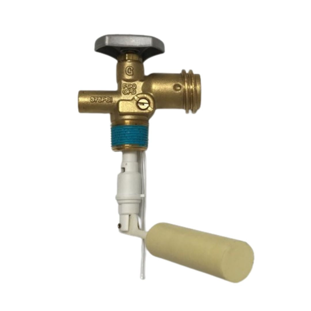 A brass float valve with a white and beige plastic float attached, used in water tanks to regulate water levels, offering quality comparable to the RegO PV3004S (30 lb) Overfill Prevention Device (OPD).