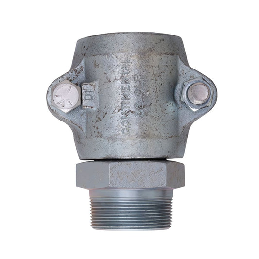 A close-up of an industrial metal pipe fitting with bolts and threading features "Continental Hose Coupling 2″ x 2″ MPT 2-Bolt Clamp Type" text on its body, showcasing its rust and corrosion protection.