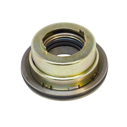 Metallic bearing assembly with an outer ring, black rubber seal, and multiple grooves and notches, designed to provide rotational support and secure fitting in mechanical systems.