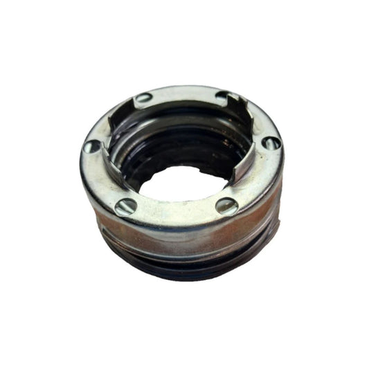 Metallic ring-shaped mechanical seal or connector with multiple bolt holes, inner threading, and a black rubber lining for sealing, featuring a polished finish.