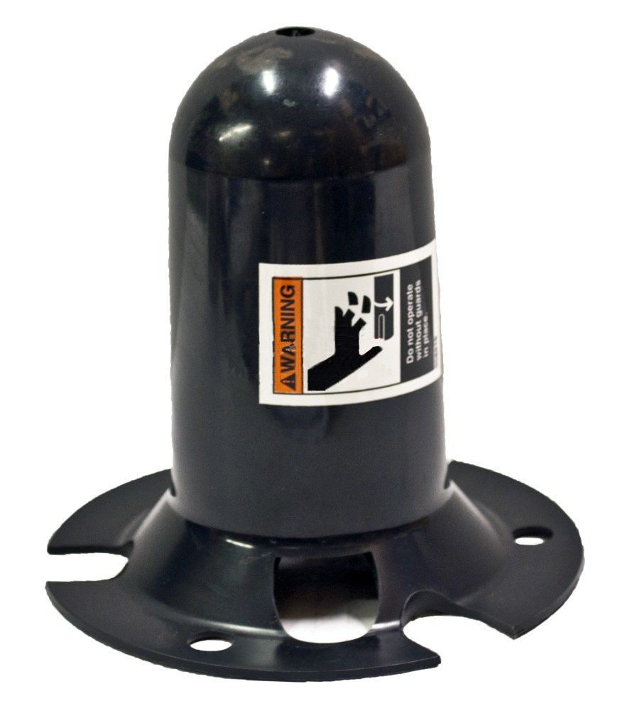 A black protective cover with a warning label, designed to shield a hitch ball on trailers, reminiscent of the Blackmer Shaft Protector for 3" & 4" Pumps (LGLD3F, LGLD4B, TLGLF4B) by Blackmer.