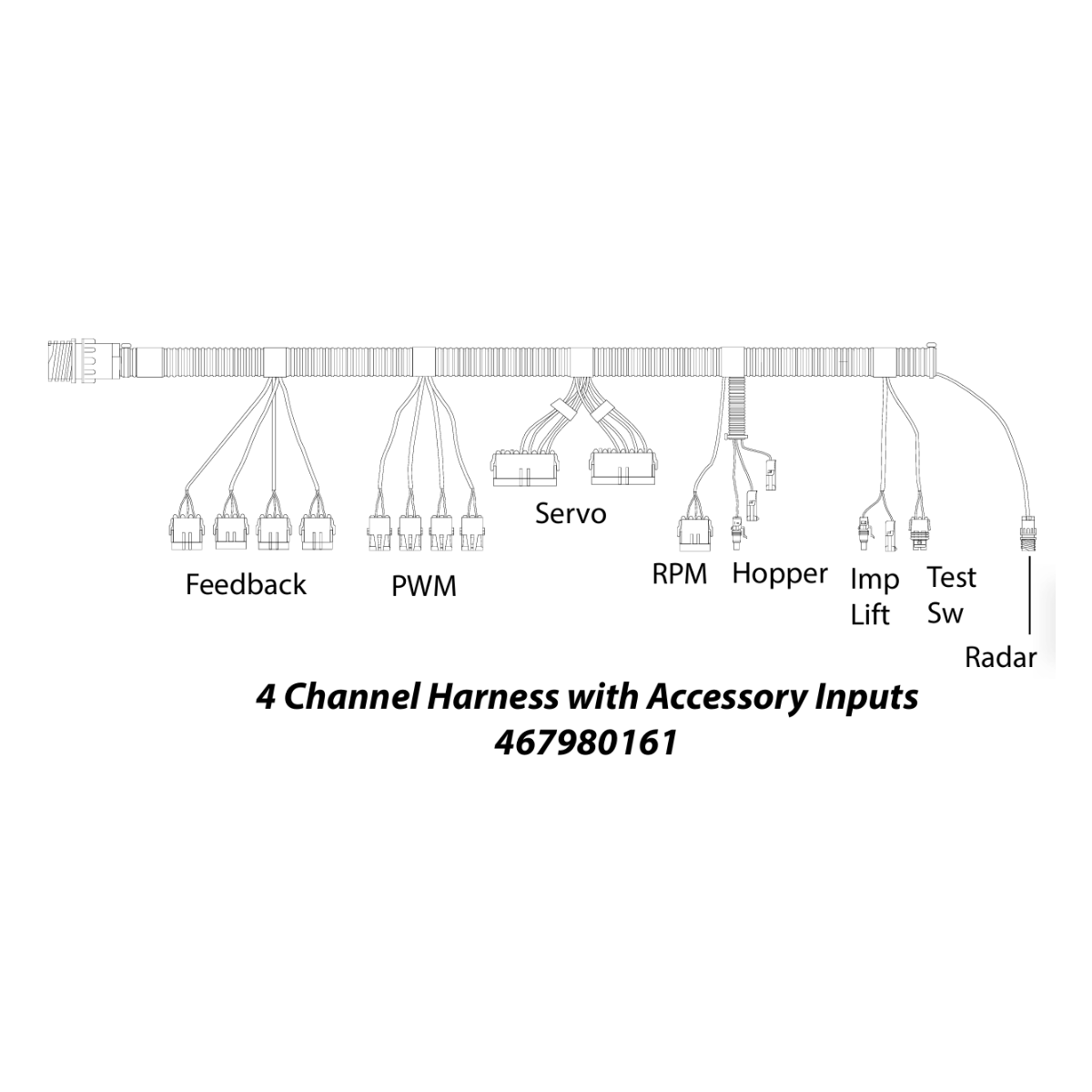 Diagram of a 4 Channel Harness with labeled accessory inputs for Feedback, PWM, Servo, and RPM. Designed for precision farming with ISO-compliant connections, it is compatible with the DICKEY-john IntelliAg Air Cart Control Kit - WSMT2 System (IAACCIMPKIT) to enhance agricultural efficiency.