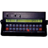 The Raven SCS 660M Spray Control Console w/Master Switch by Raven is a portable device featuring an LCD screen that displays "RATE: 130" and "SPEED: 70." It is equipped with multiple buttons and control knobs, designed for precise flow control.