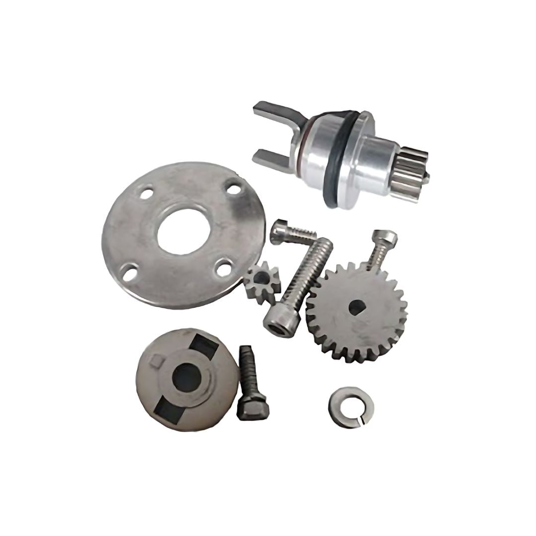 A set of various metal machine parts, including gears, screws, and washers arranged on a white background, showcasing the Liquid Controls Packing Gland Parts Kit - Aluminum/Buna | MA7 (49561) for precision sealing solutions.