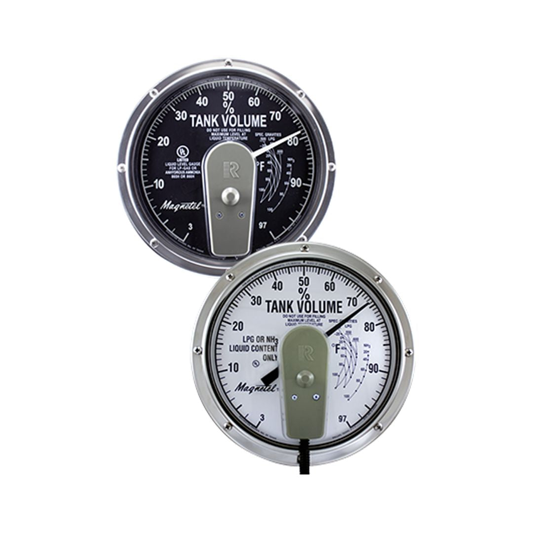 The Rochester Magnetel 8" Dial Gauge (model 5ANGS03044), available in black and white, accurately indicates liquid levels from 3% to 97%. Featuring "R" handles and the Rochester brand, these gauges provide precise monitoring of LP gas levels.