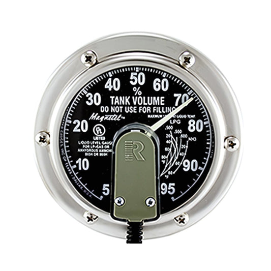 A close-up view of the Rochester Magnetel 4" Dial - 5-95%, LPG/NH3 (5APKS03045) tank volume gauge by Rochester, featuring a black dial with white markings that indicate various percentages and volume levels for LPG level monitoring.