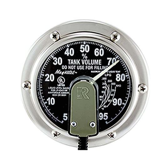 Circular tank volume gauge with a black face, white markings, metal casing, labeled "TANK VOLUME" and "DO NOT USE FOR FILLING," featuring a central pointer, multiple scales, and the brand name "Magnetel."