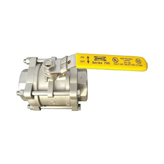 Emico Ball Valve 730-01-03, SS, 1/2" NPT, 600 PSI, Full Port with yellow lever and on/off indicators for industrial use.