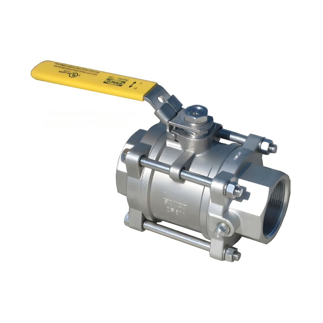 Introducing the Emico 2" 3-Piece Stainless Steel Ball Valve, UL and ULC Approved, featuring a yellow lever handle for precise fluid control in piping systems. This durable valve boasts a 4-bolt configuration and a 1/4" NPT port.