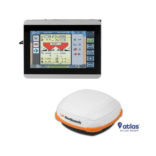 Outback Atlas Ready system with a touchscreen control interface displaying operational metrics and controls, alongside a white and orange GPS antenna unit.