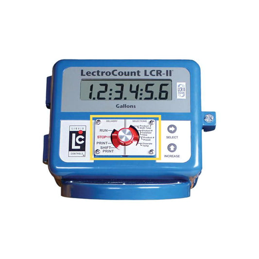 A Liquid Controls blue electronic meter switch plate, specifically designed for LCR II in M-7 & M-10 meters (81819), with a precise metering display reading "1,2:3,4:5,6 Gallons" and an integrated control panel for settings.