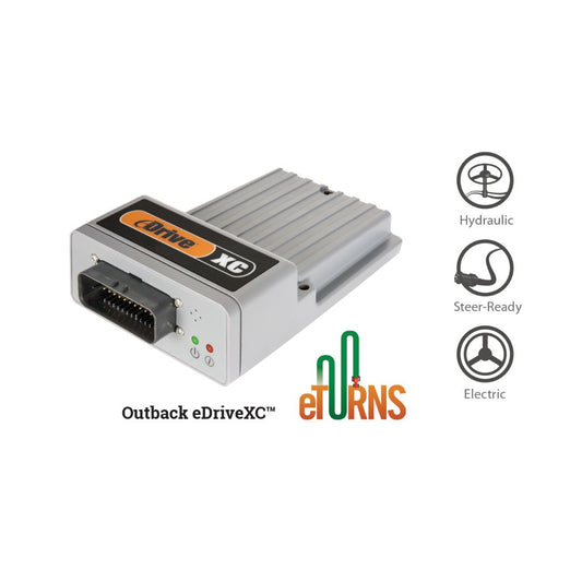 Outback eDriveXC electronic control module for steering applications, with a rugged casing, multi-pin connector, and status lights, compatible with hydraulic, steer-ready, and electric systems