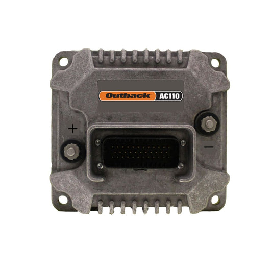 Outback AC110 electronic control module with a rugged metal casing, multi-pin connector port, and labeled positive and negative terminals