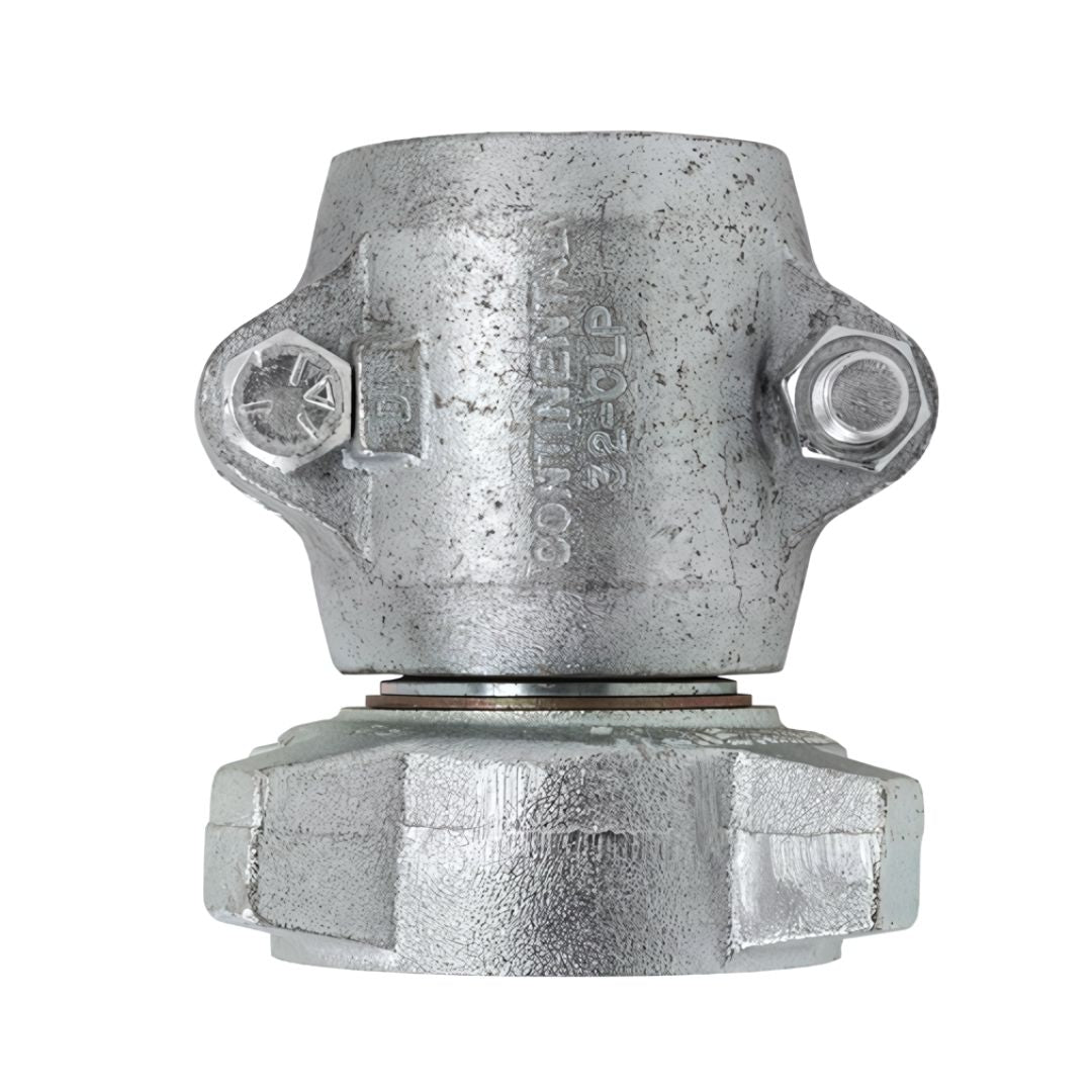 The Continental Hose Coupling 2" x 3-1/4" Female ACME 2-Bolt Clamp Type, from the trusted brand Continental, features a robust coupler and flange with bolts. This fitting has an industrial look and provides reliable protection against rust and corrosion for enhanced durability.