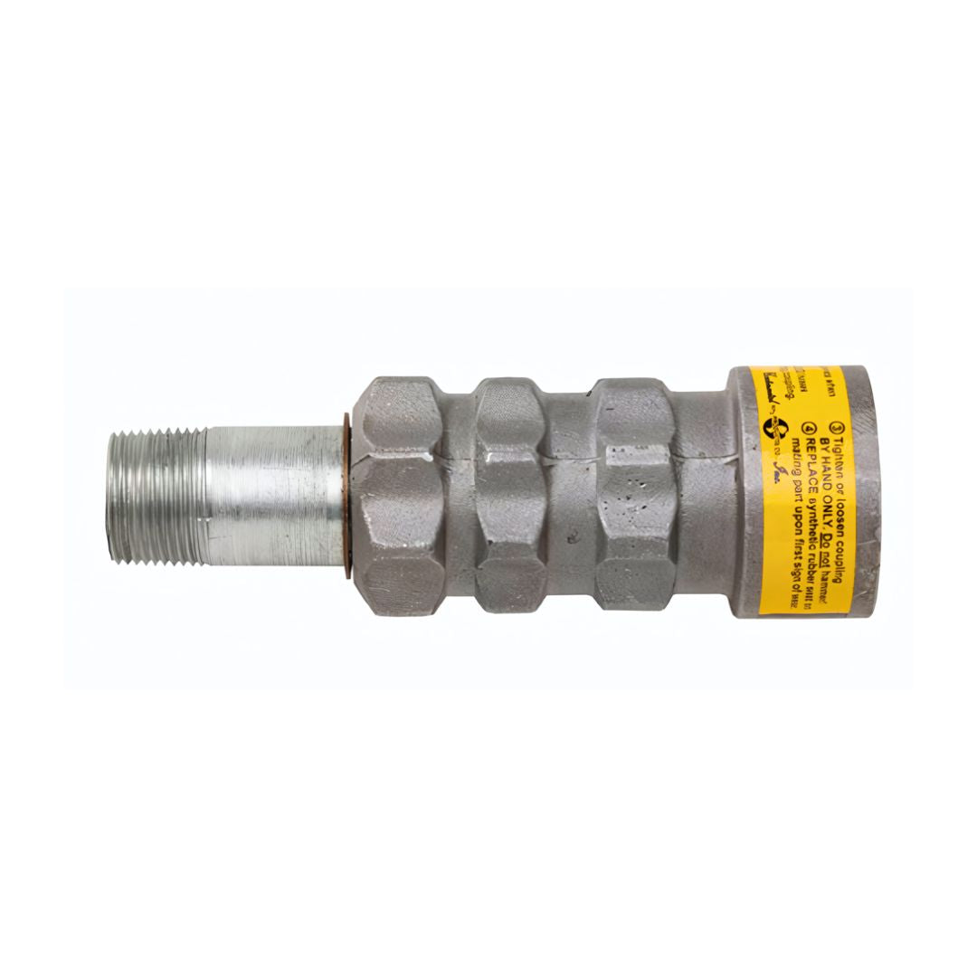 Heavy-duty industrial hydraulic fitting with a metallic, textured body, hexagonal sections, a threaded male connector, and a cylindrical female coupling with a yellow specification label. A-577-B