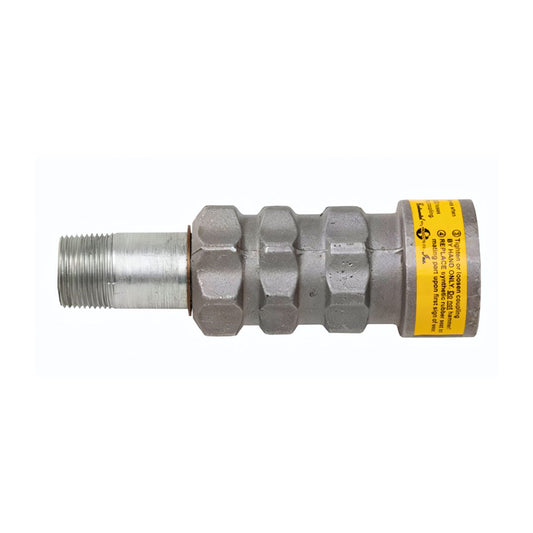 The gray Continental Safety Extension Coupling, with a yellow label and cylindrical design featuring multiple ridges, is equipped with a 1-3/4" Female ACME thread to ensure secure connections.