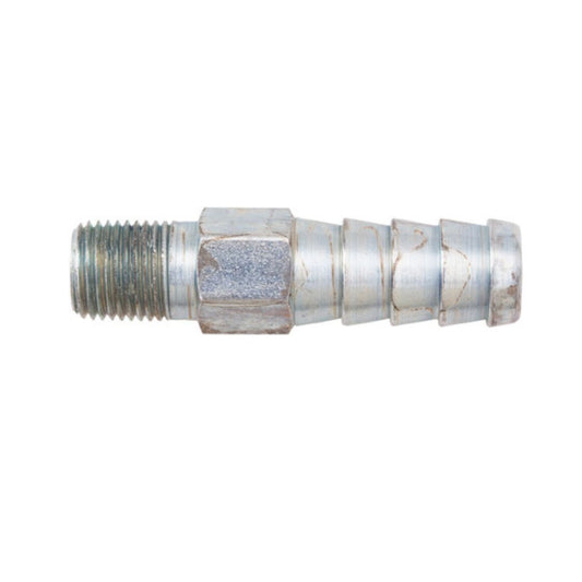 Introducing the Continental Hose Barb, a metallic connector featuring multi-grooves with a threaded 1/8" NMPT end and an orifice, designed for attaching to hoses or pipes. Ideal for NH3 agricultural applications. The backdrop is plain white.