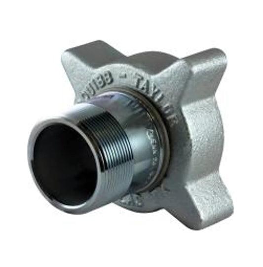 A high-quality steel Squibb Taylor Filler Coupling 2" MNPT x 3 1/4" Female ACME, featuring a silver metallic finish and threaded cross-shaped connection, ideal for Anhydrous Ammonia systems, displayed on a white background.