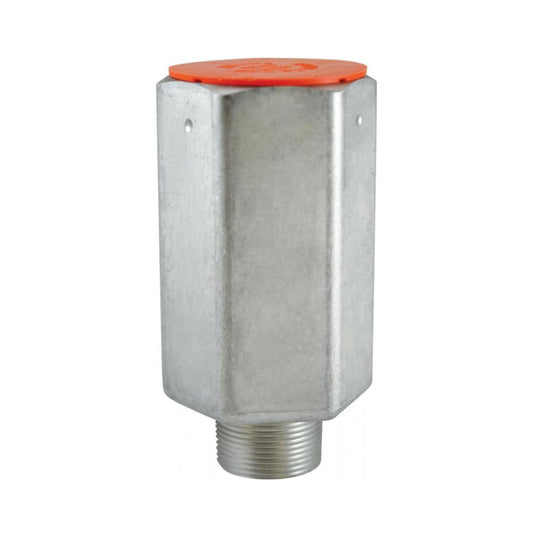 The Squibb Taylor Relief Valve - 1-1/4" MNPT, 250 PSI (A1310A), featuring a metallic hexagonal design with an orange top and threaded base, is designed for optimal safety and high flow capacity, effectively reducing noise in pneumatic systems.