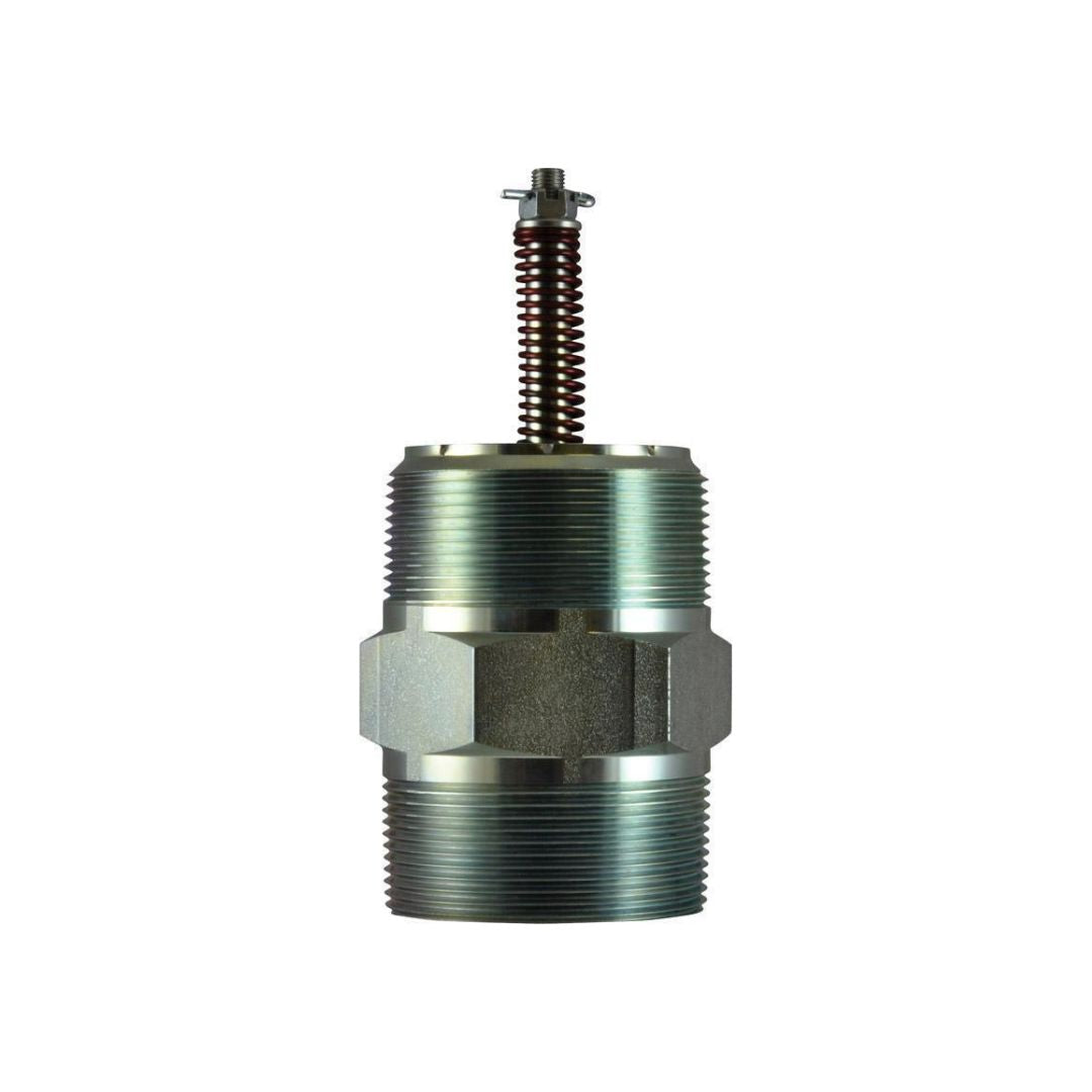 Metallic cylindrical component with threading on both ends, a central hexagonal section, and a long threaded rod extending from one end