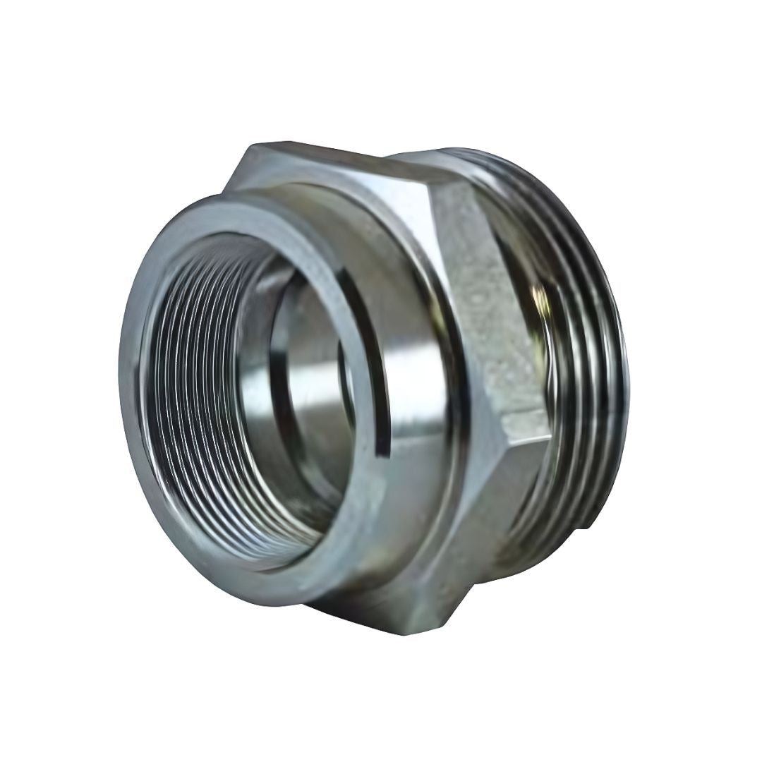 Metallic threaded connector fitting with internal and external threading, a polished finish, and a hexagonal section for wrench attachment. A2074S