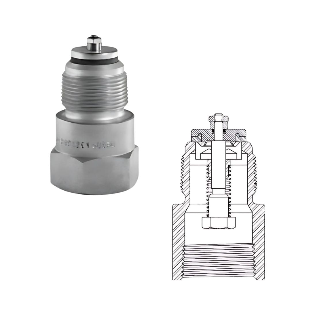 A3276BC metallic valve with threaded cylindrical body, hexagonal base, and sealing mechanism, alongside a technical cutaway diagram showing internal structure.