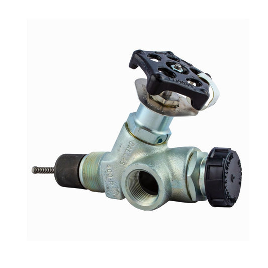 Metallic industrial valve with multiple threaded connectors, a large black knob, a brass threaded connector, a perpendicular handle for manual operation, and a spring-loaded component.A525P