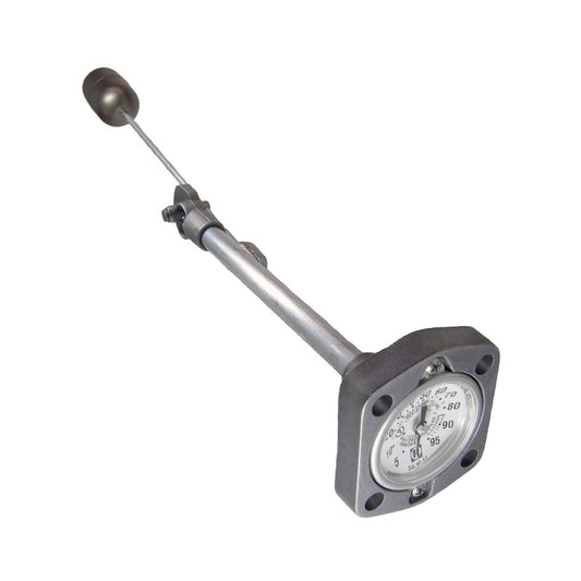 Industrial liquid level gauge with a long metal rod, float, and circular face gauge mounted on a square metal plate with bolt holes, used for measuring liquid levels in tanks.