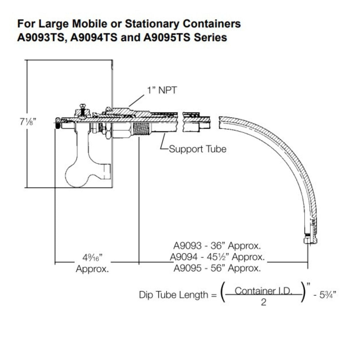 Technical diagram of RegO RotoGage (A9094TS) with rotary level gauge; dimensions labeled.