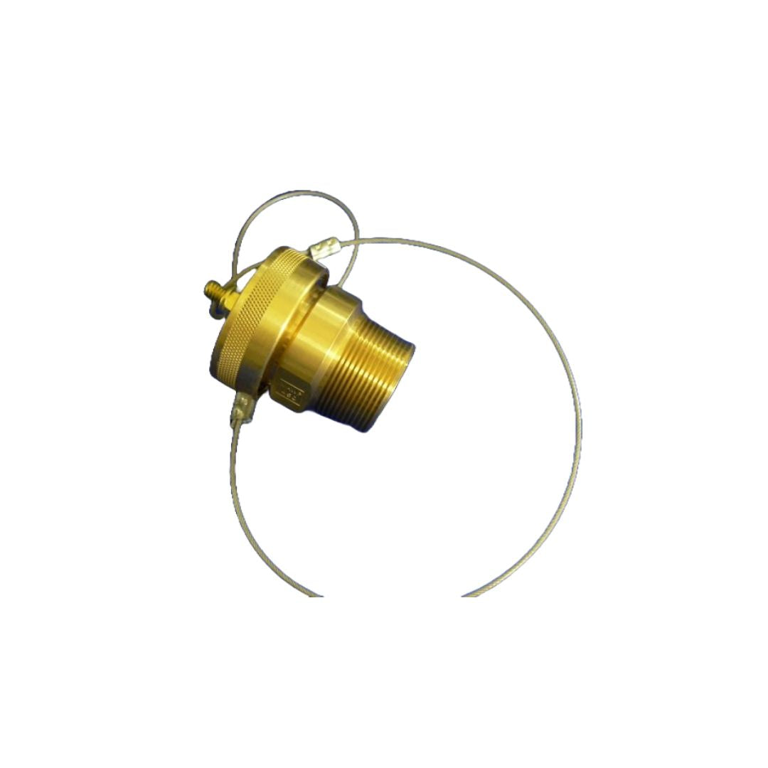 Acme Cryogenics Fixed End Assembly - 1-1/2" MNPT Brass (320-020-15B), featuring a threaded end and an attached wire loop, displayed against a white background; ideal for CO2 systems.