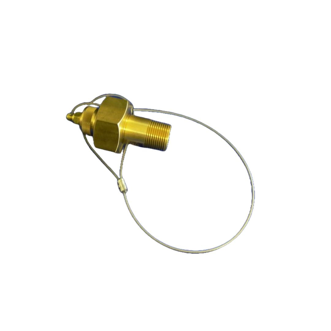 Brass industrial fitting with threaded connections, hexagonal section for wrench attachment, and a securing cable. The fitting has a polished brass finish and a cylindrical body