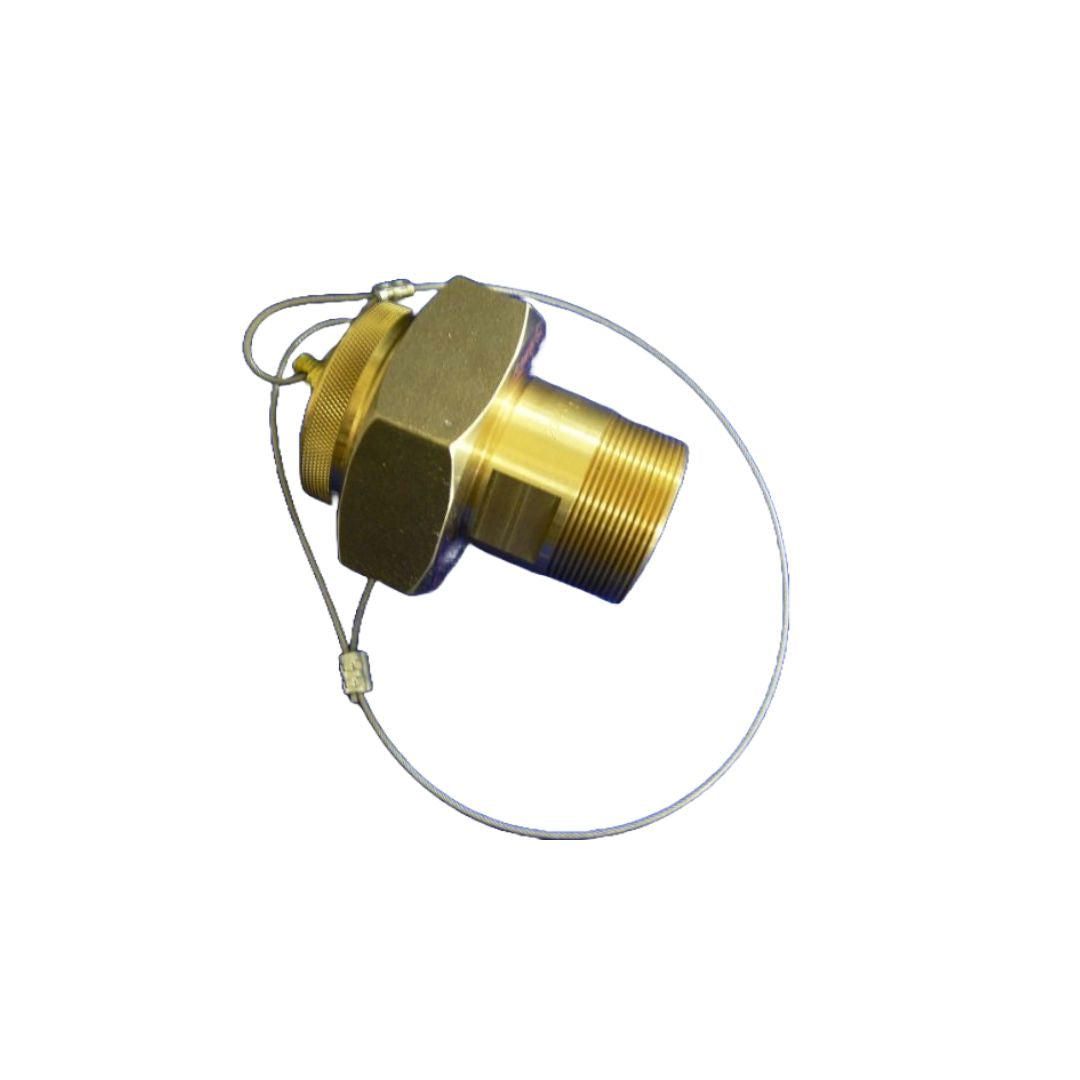 The Acme Cryogenics Hose End Assembly - 2" MNPT Brass | CO2 (320-032-20), featuring a hexagonal nut and attached safety wire, ideal for industrial applications such as CO2 transfer, is showcased on a white background.