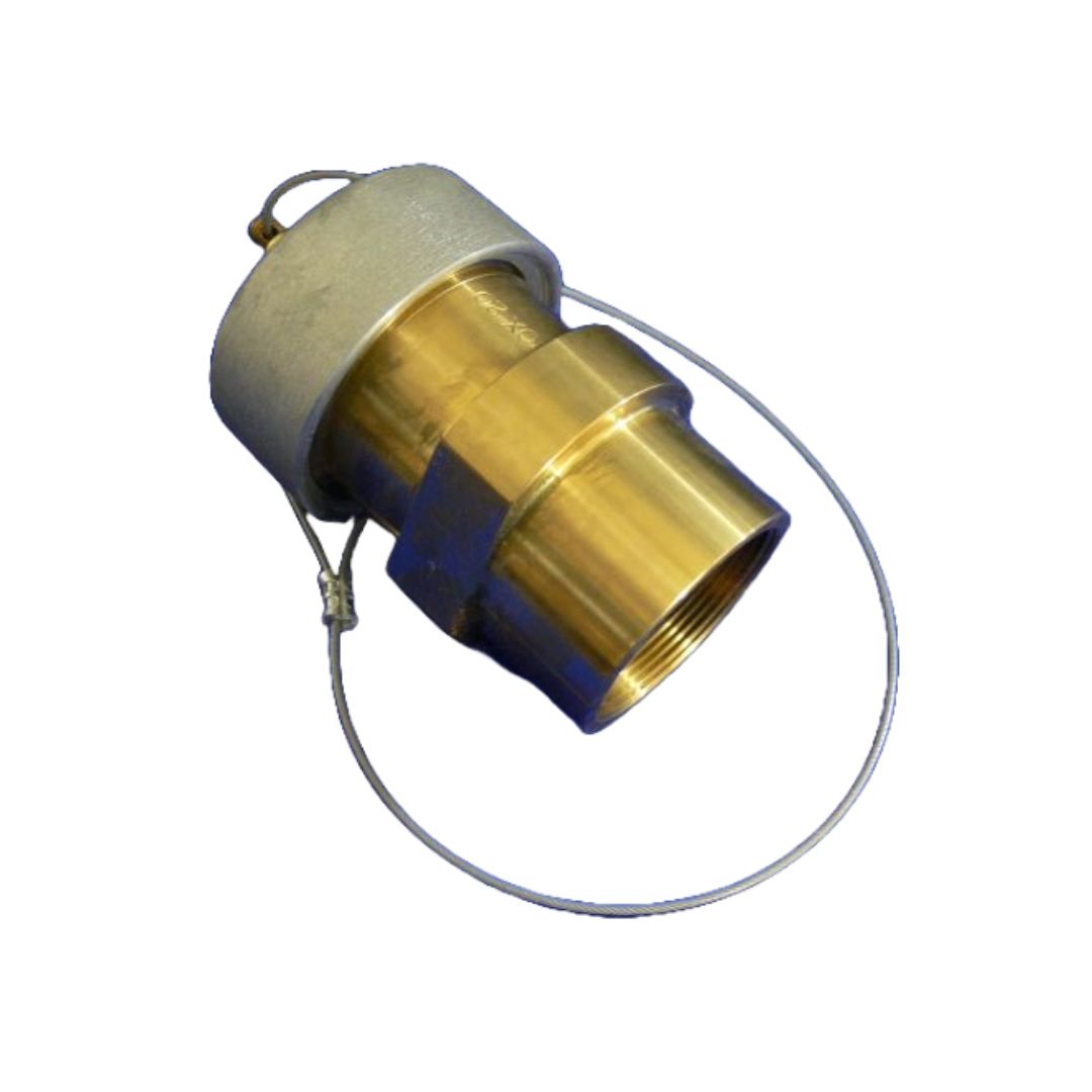 Brass industrial coupling with a cylindrical body, threaded connections, a gray metallic cap, and a securing cable. The coupling has a polished finish and a hexagonal section for wrench attachment