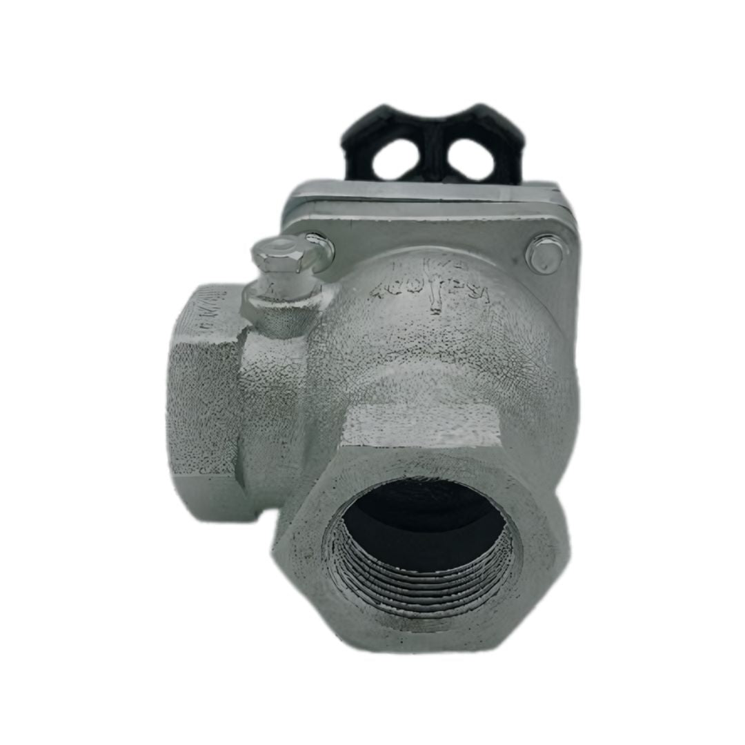 Metallic valve with a threaded inlet and a T-shaped black handle, featuring a small side bolt for pressure adjustment or release, used in industrial or plumbing systems.