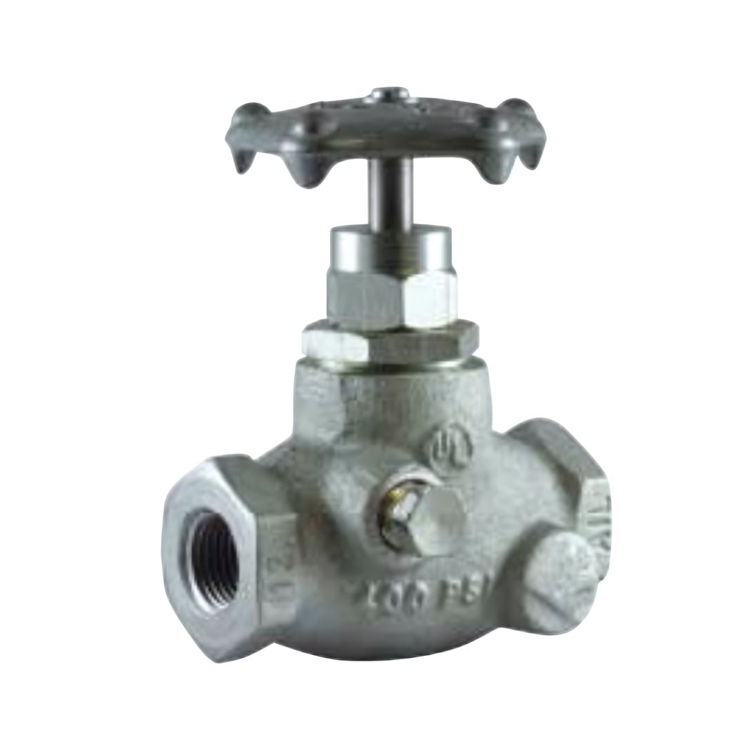 The Squibb Taylor 1/2" FNPT Globe Valve AL410P Economy features a round, wheel-like handle and threaded pipe connections on either side, isolated on a white background.