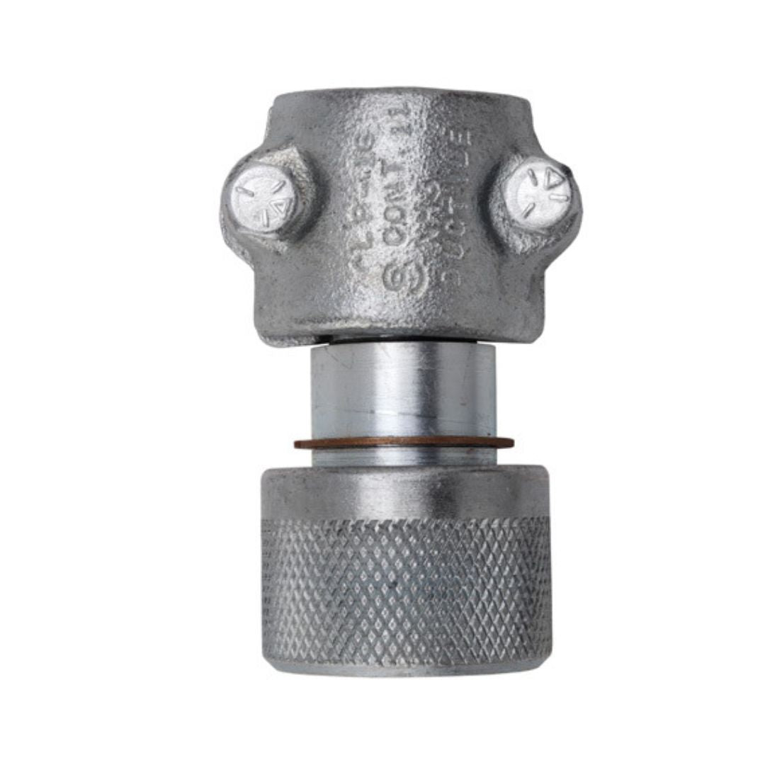 Metallic industrial coupling fitting with a knurled grip section, cylindrical body, and two screws on the top part with embossed text indicating specifications.B-526A-CL