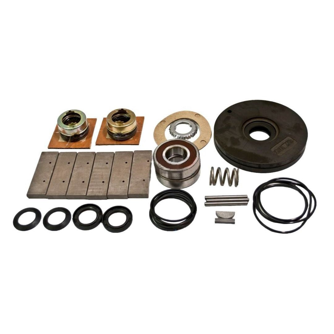 Displayed on a white background, the Blackmer Maintenance Kit for the TLGLF3C Sliding Vane Pump (898980) features a collection of mechanical components such as bearings, seals, metal plates, springs, and o-rings. This kit is perfect for OEM parts or maintenance tasks related to Blackmer TLGLF pumps.