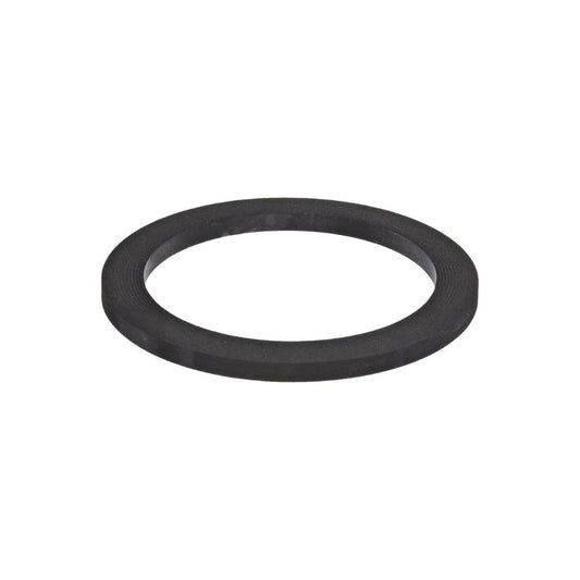 Black rubber gasket with a circular shape and flat, smooth surface, designed to provide a tight seal in a piping system.