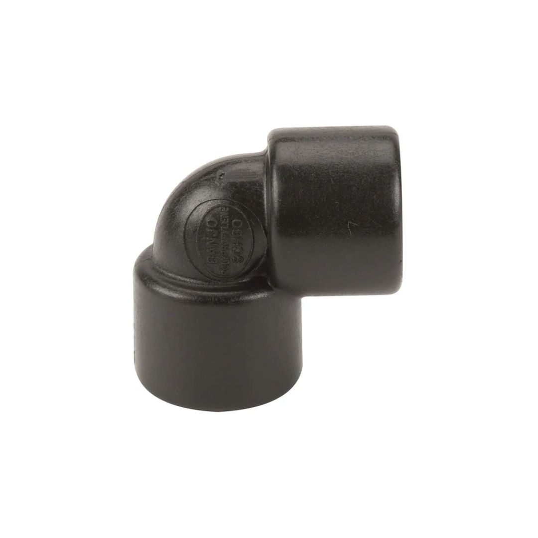 A black Banjo 1/2" FPT 90 Degree Elbow (EL050-90), constructed from reinforced polypropylene for use in agricultural and industrial piping, is featured against a white background.