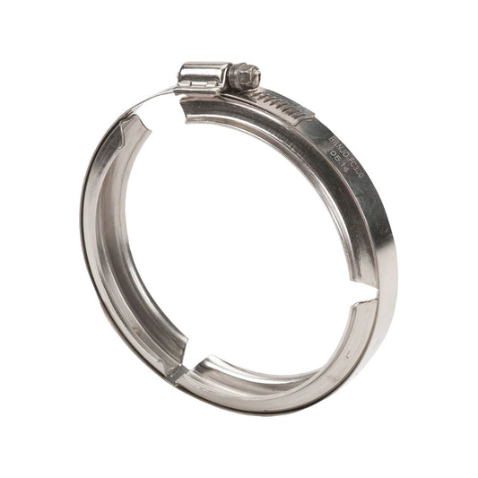 Stainless steel worm screw hose clamp labeled 'Banjo FC300,' used for securing hoses in automotive and industrial applications