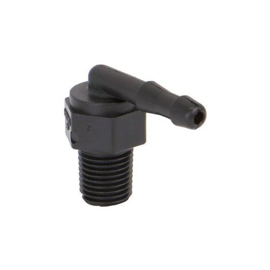 Close-up of the Banjo 1/4" MNPT x 1/4" 90 Degree Hose Barb Elbow (HB025-90), a black reinforced polypropylene threaded fitting featuring a 90° elbow and a barbed hose connector, ideal for fluid connections.