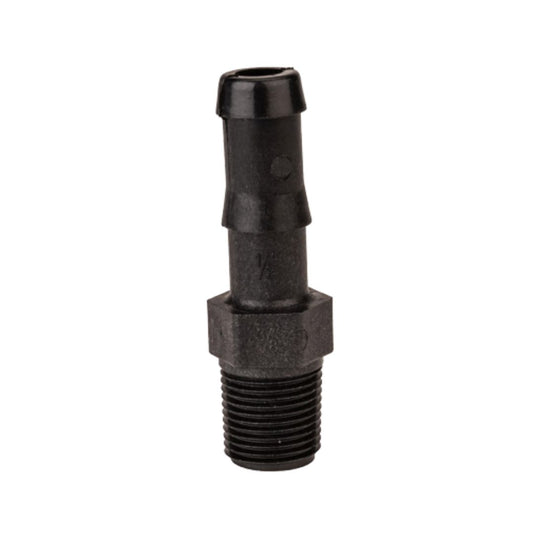 Black plastic hose barb fitting with a barbed end, threaded end, and hexagonal base