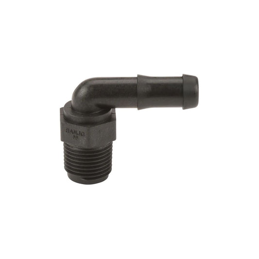 The Banjo 1/2" MNPT x 3/4" 90 Degree Hose Barb Elbow (HB050/075-90) is a black reinforced polypropylene plastic elbow hose fitting designed for fluid handling systems. It features a 90-degree angle and has a threaded connector on one end.