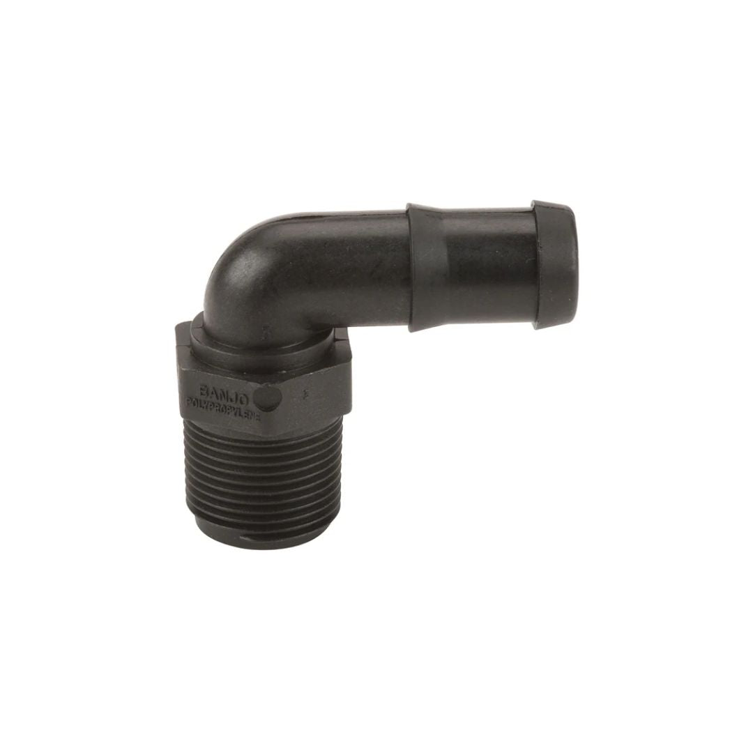 Introducing the Banjo 3/4" MNPT x 3/4" 90 Degree Hose Barb Elbow (HB075-90), a black plastic fitting designed for agricultural fluid transfer. Made from chemical-resistant material, it features threaded and barbed ends, offering a striking contrast against a white background.