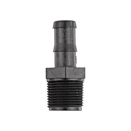 Black plastic hose barb fitting with a threaded male end, featuring a ribbed barb design and a hexagonal middle section for easy tightening.