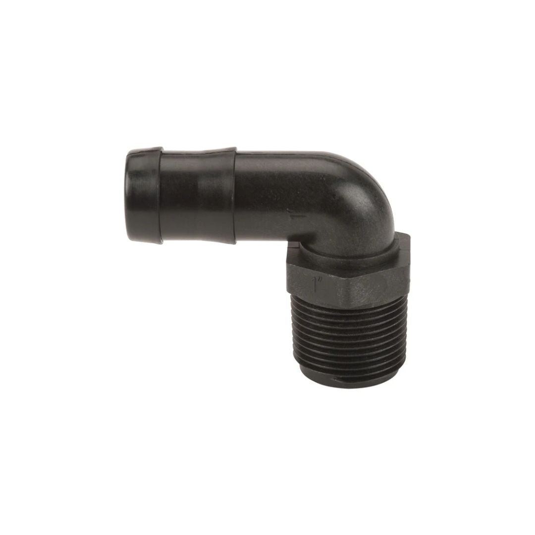 The Banjo 1" MNPT x 1" 90 Degree Hose Barb Elbow (HB100-90) is a reinforced polypropylene fitting with barbed threading on one end and male threading on the other, making it ideal for efficient liquid handling.